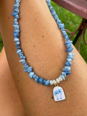 Handmade Blue Chipstone Necklace with Palm Tree Pendant